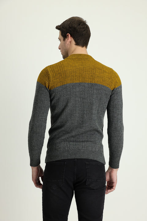 Dark Anthracite Semi-Turtleneck Slim Fit Narrow Cut Patterned Knit Sweater