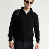 Black Half Turtleneck Slim Fit Narrow Cut Seamless Knit Sweater with Zipper Closure