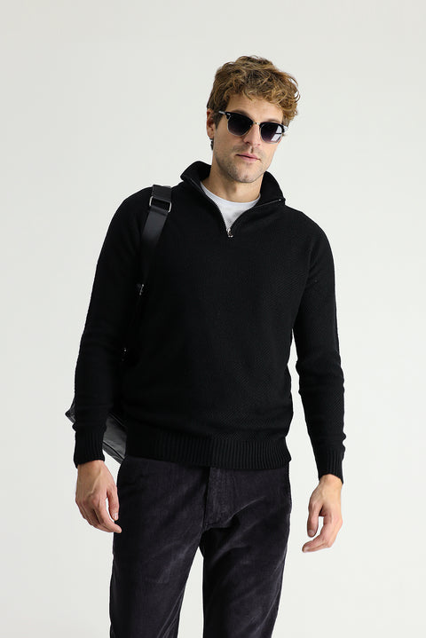Black Half Turtleneck Slim Fit Narrow Cut Seamless Knit Sweater with Zipper Closure