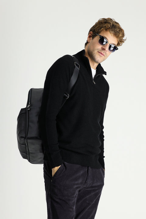 Black Half Turtleneck Slim Fit Narrow Cut Seamless Knit Sweater with Zipper Closure
