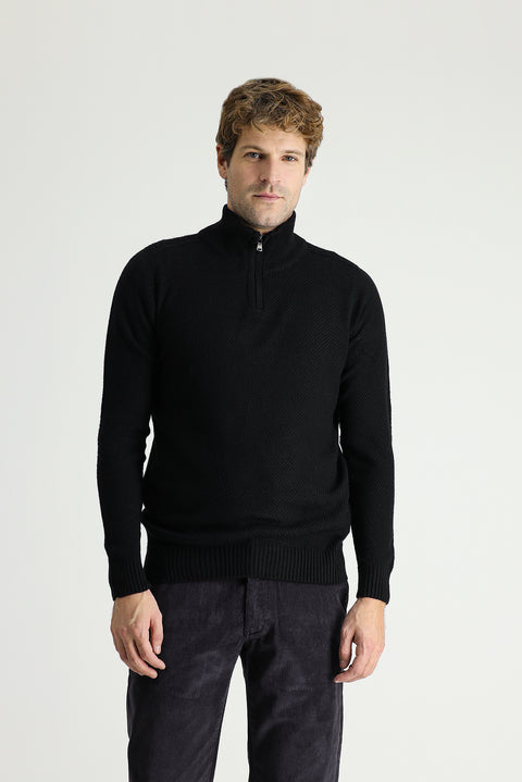 Black Half Turtleneck Slim Fit Narrow Cut Seamless Knit Sweater with Zipper Closure