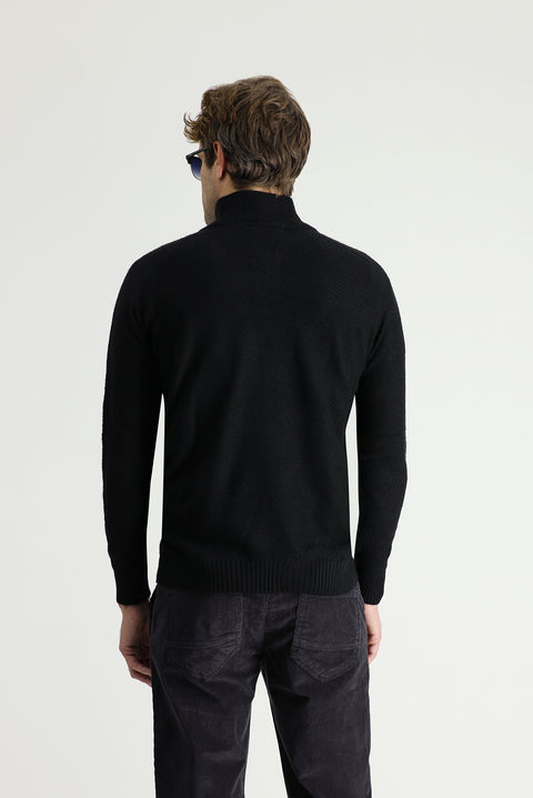 Black Half Turtleneck Slim Fit Narrow Cut Seamless Knit Sweater with Zipper Closure