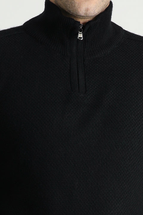 Black Half Turtleneck Slim Fit Narrow Cut Seamless Knit Sweater with Zipper Closure