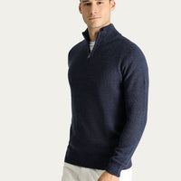 Indigo Half Turtleneck Slim Fit Narrow Cut Seamless Knit Sweater with Zipper Closure