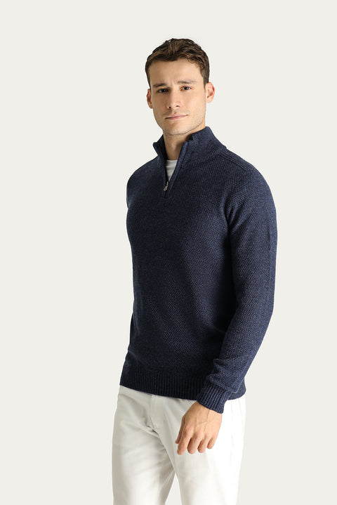 Indigo Half Turtleneck Slim Fit Narrow Cut Seamless Knit Sweater with Zipper Closure