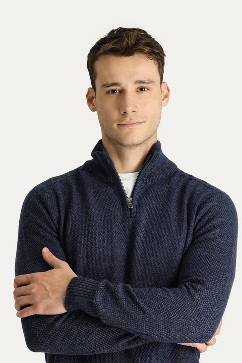 Indigo Half Turtleneck Slim Fit Narrow Cut Seamless Knit Sweater with Zipper Closure