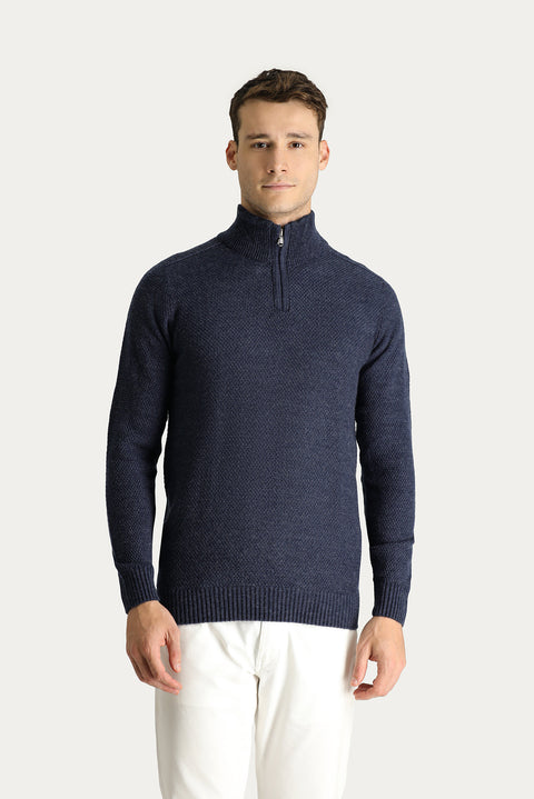 Indigo Half Turtleneck Slim Fit Narrow Cut Seamless Knit Sweater with Zipper Closure