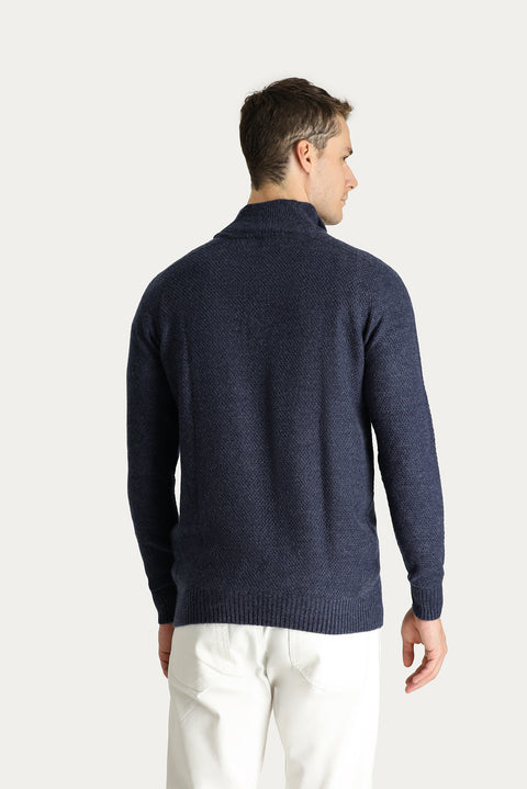 Indigo Half Turtleneck Slim Fit Narrow Cut Seamless Knit Sweater with Zipper Closure