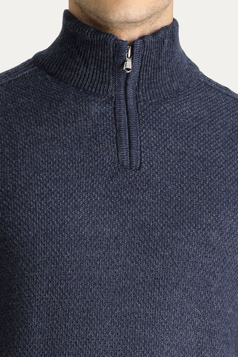 Indigo Half Turtleneck Slim Fit Narrow Cut Seamless Knit Sweater with Zipper Closure