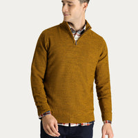 Mustard Yellow Semi-Turtleneck Slim Fit Narrow Cut Seamless Knit Sweater with Zipper Closure