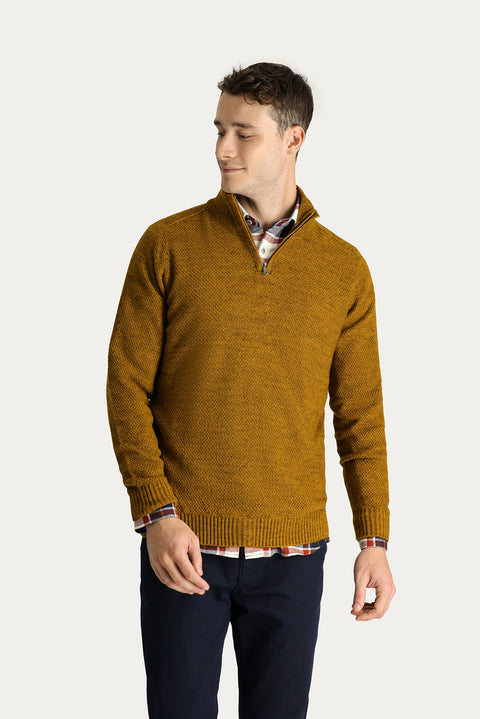 Mustard Yellow Semi-Turtleneck Slim Fit Narrow Cut Seamless Knit Sweater with Zipper Closure