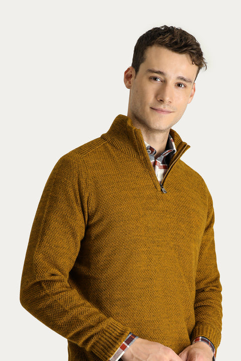 Mustard Yellow Semi-Turtleneck Slim Fit Narrow Cut Seamless Knit Sweater with Zipper Closure