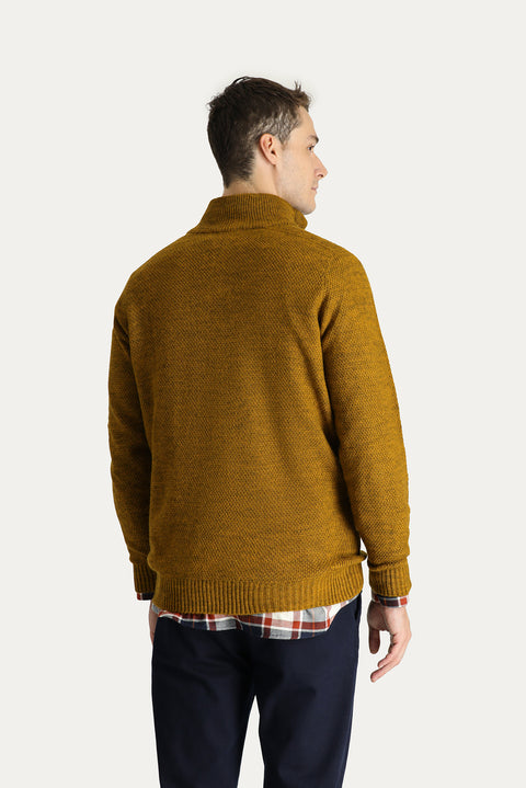 Mustard Yellow Semi-Turtleneck Slim Fit Narrow Cut Seamless Knit Sweater with Zipper Closure