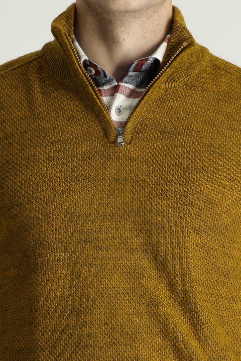 Mustard Yellow Semi-Turtleneck Slim Fit Narrow Cut Seamless Knit Sweater with Zipper Closure