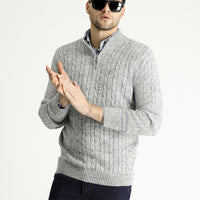 Light Grey Melange Half Turtleneck Regular Fit Patterned Zip-Up Knit Sweater