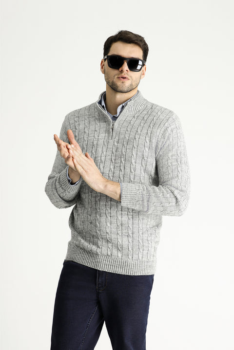 Light Grey Melange Half Turtleneck Regular Fit Patterned Zip-Up Knit Sweater