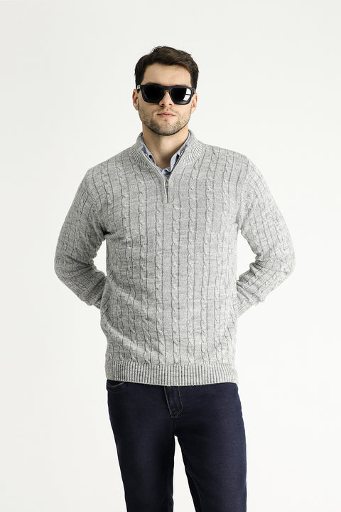 Light Grey Melange Half Turtleneck Regular Fit Patterned Zip-Up Knit Sweater