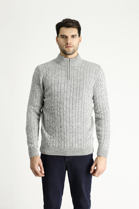 Light Grey Melange Half Turtleneck Regular Fit Patterned Zip-Up Knit Sweater