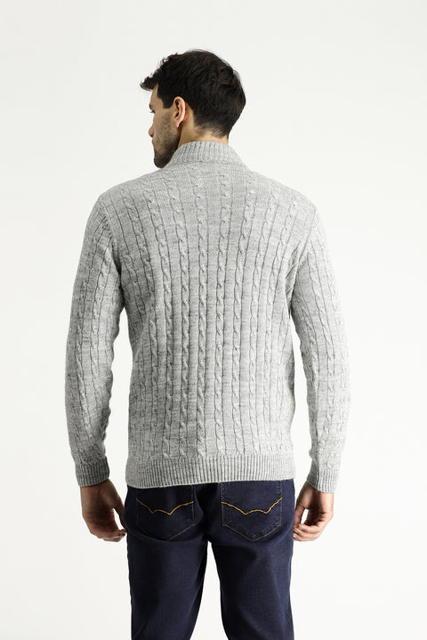 Light Grey Melange Half Turtleneck Regular Fit Patterned Zip-Up Knit Sweater