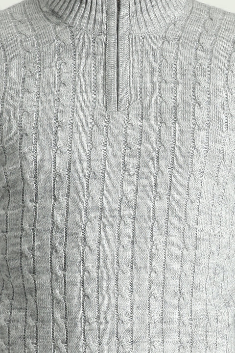 Light Grey Melange Half Turtleneck Regular Fit Patterned Zip-Up Knit Sweater