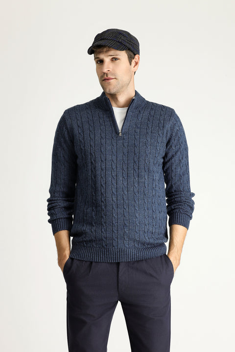 Indigo Half Turtleneck Regular Fit Patterned Zip-Up Knit Sweater