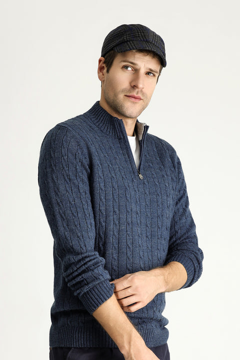 Indigo Half Turtleneck Regular Fit Patterned Zip-Up Knit Sweater
