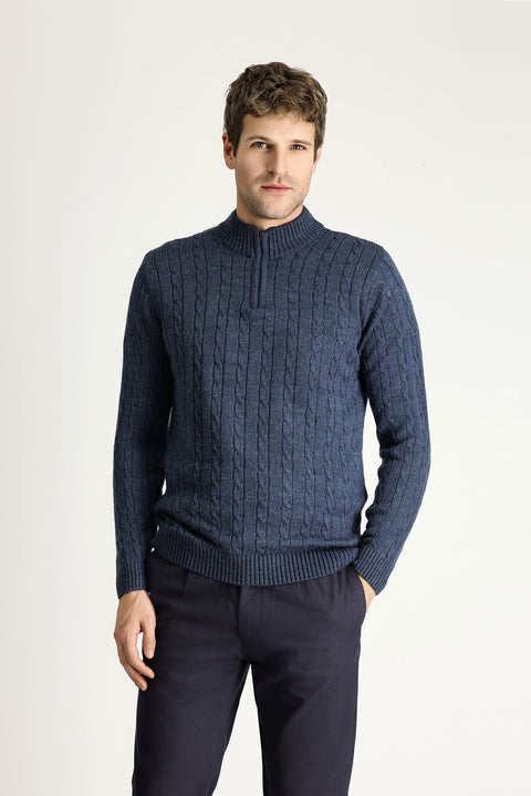Indigo Half Turtleneck Regular Fit Patterned Zip-Up Knit Sweater
