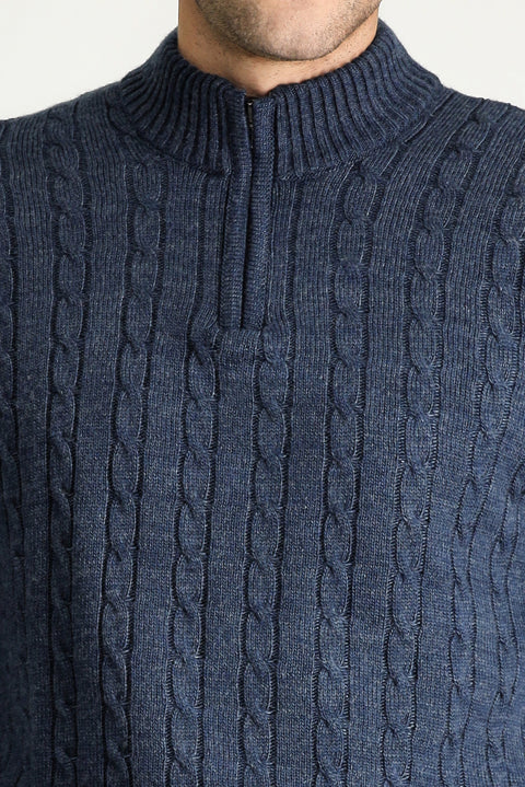 Indigo Half Turtleneck Regular Fit Patterned Zip-Up Knit Sweater
