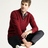 Dark Burgundy Half Turtleneck Regular Fit Patterned Zip-Up Knit Sweater