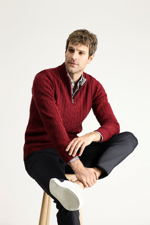 Dark Burgundy Half Turtleneck Regular Fit Patterned Zip-Up Knit Sweater