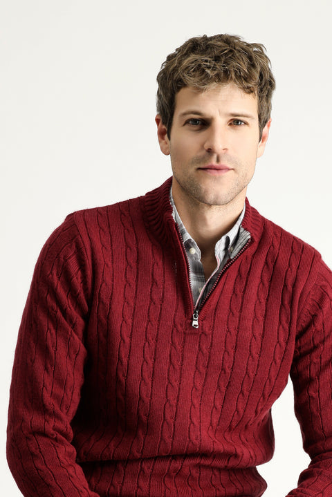 Dark Burgundy Half Turtleneck Regular Fit Patterned Zip-Up Knit Sweater
