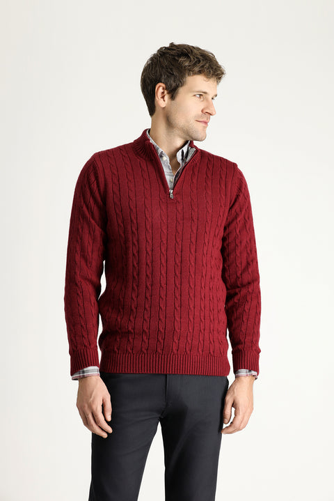 Dark Burgundy Half Turtleneck Regular Fit Patterned Zip-Up Knit Sweater