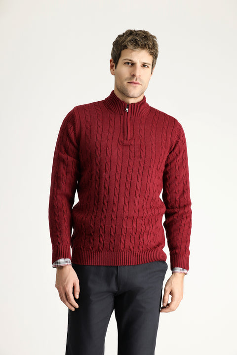 Dark Burgundy Half Turtleneck Regular Fit Patterned Zip-Up Knit Sweater