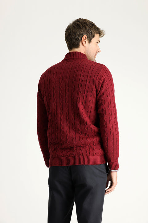 Dark Burgundy Half Turtleneck Regular Fit Patterned Zip-Up Knit Sweater