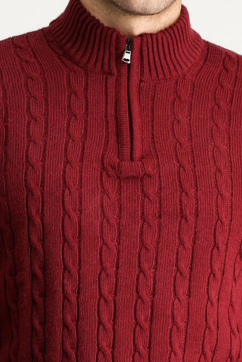 Dark Burgundy Half Turtleneck Regular Fit Patterned Zip-Up Knit Sweater