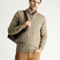 Medium Mink Half Turtleneck Regular Fit Patterned Zip-Up Knit Sweater