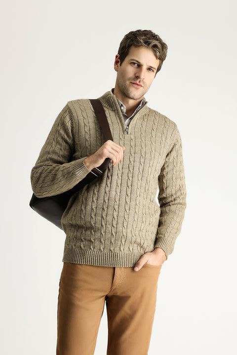 Medium Mink Half Turtleneck Regular Fit Patterned Zip-Up Knit Sweater