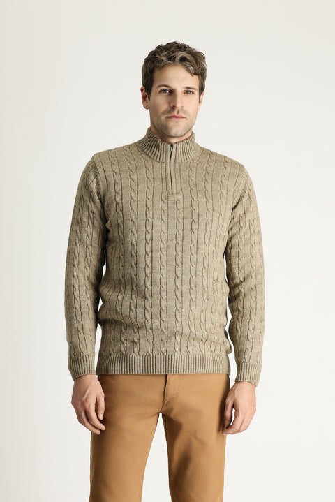 Medium Mink Half Turtleneck Regular Fit Patterned Zip-Up Knit Sweater