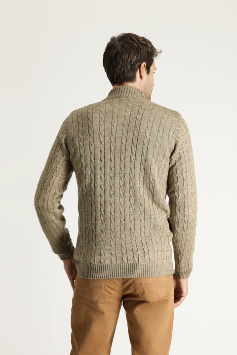 Medium Mink Half Turtleneck Regular Fit Patterned Zip-Up Knit Sweater