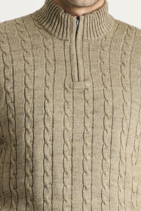 Medium Mink Half Turtleneck Regular Fit Patterned Zip-Up Knit Sweater