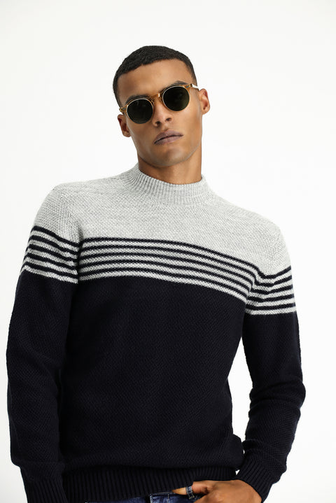 Dark Navy Semi-Turtleneck Regular Fit Seamless Patterned Knit Sweater