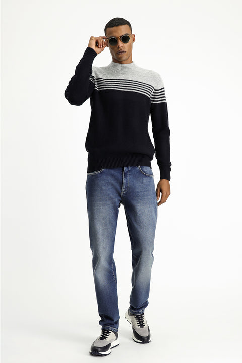 Dark Navy Semi-Turtleneck Regular Fit Seamless Patterned Knit Sweater