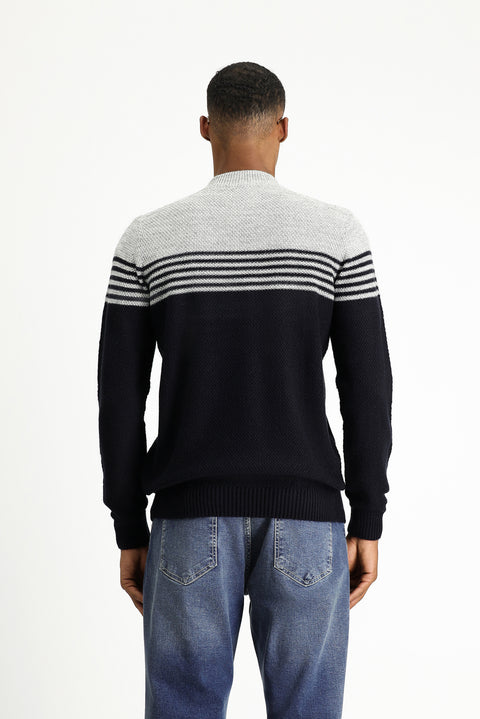 Dark Navy Semi-Turtleneck Regular Fit Seamless Patterned Knit Sweater