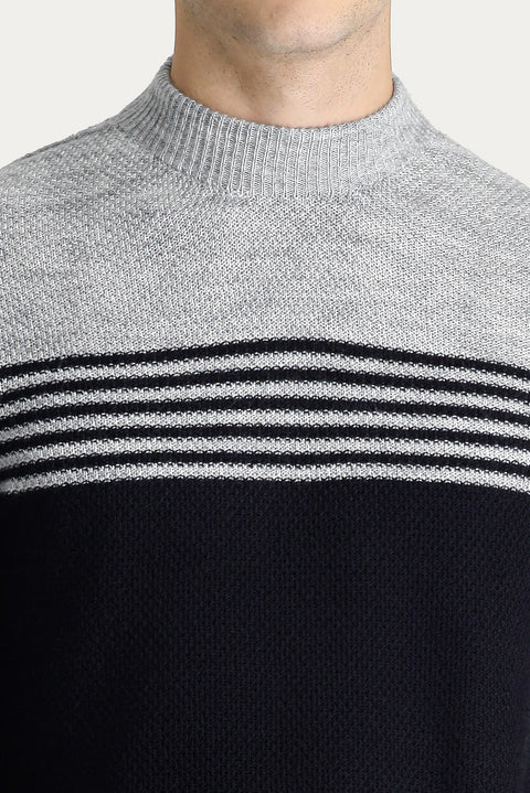 Dark Navy Semi-Turtleneck Regular Fit Seamless Patterned Knit Sweater