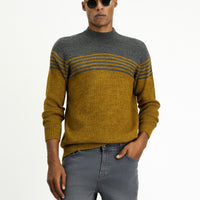 Mustard Yellow Half Turtleneck Regular Fit Seamless Patterned Knit Sweater