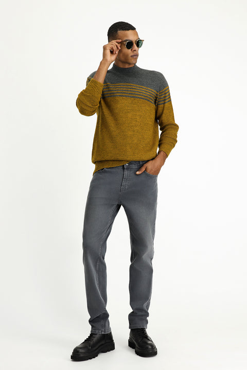 Mustard Yellow Half Turtleneck Regular Fit Seamless Patterned Knit Sweater