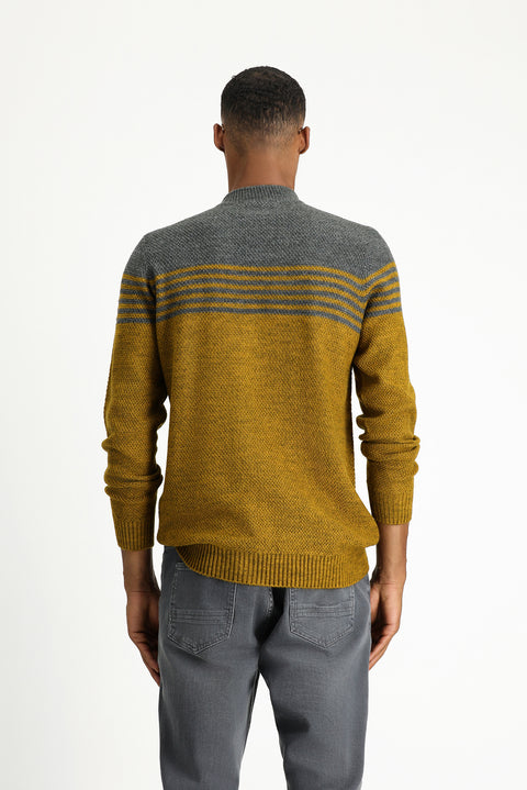 Mustard Yellow Half Turtleneck Regular Fit Seamless Patterned Knit Sweater