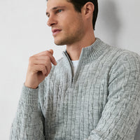 Light Grey Melange Half Turtleneck Zip-Up Regular Fit Patterned Knit Sweater