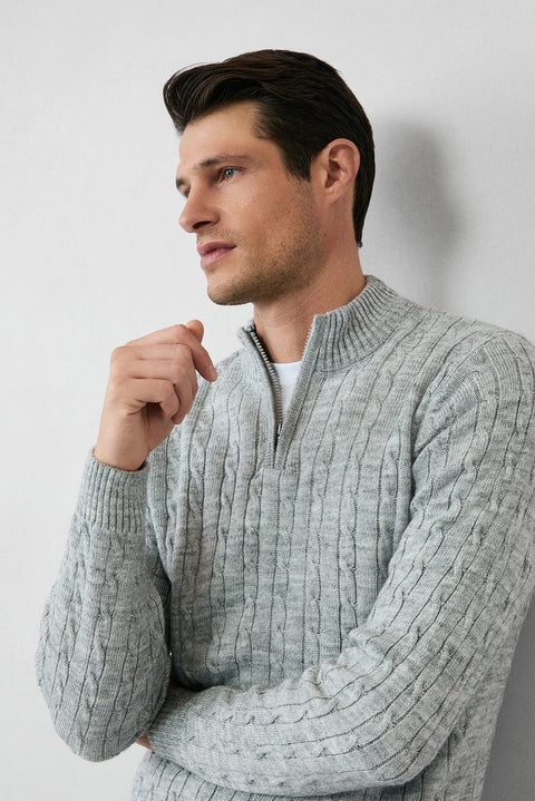 Light Grey Melange Half Turtleneck Zip-Up Regular Fit Patterned Knit Sweater