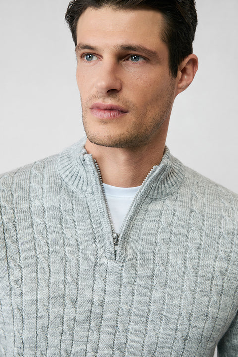 Light Grey Melange Half Turtleneck Zip-Up Regular Fit Patterned Knit Sweater